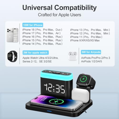 ANJANK Wireless Charging Station,5 in 1 Multiple Charger Stand with Alarm Clock,7 Night Light,Magnetic Charging Dock for iPhone 18 17 16 15 Pro Max Duo Air Plus, Apple Watch 12/11, for Airpods,Bedroom - Image 3