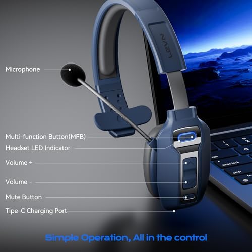 LEVN Bluetooth Headset with Microphone, Trucker Bluetooth Headset with AI Noise Cancelling & Mute Button, Wireless On-Ear Headphones 60 Hrs Working Time, for Trucker Home Office Remote Work Zoom - Image 6