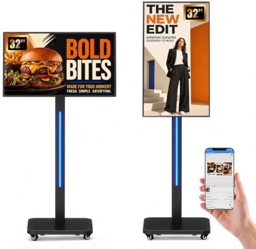32 Inch Digital Signage Display on Wheels, Portable LCD Touch Digital Kiosk with Adjustable Rolling Stand, Phone App Control Android 14 Advertising Display Poster,HDMI/USB (Non-TouchKiosk) by JASZDOT