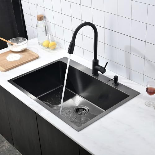 VAPSINT 28x18 Inch Black Drop In Kitchen Sink, 28 Inch Gunmetal Black Top Mount Extra-Thick Stainless Steel Single Bowl Sink RV Laundry Utility Prep Sink with Drain Strainer & Metal Grid - Image 5