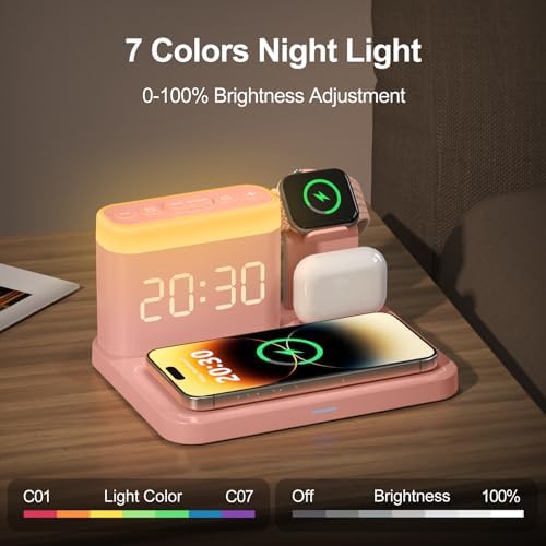 ANJANK 5 in 1 Wireless Charging Station with Alarm Clock,7 Night Light & 0-100% Dimmer,Qi Mag-Safe Charger Stand for Apple Devices - for iPhone 17 16 15 14 13 12 Pro Max Plus Air,Apple Watch,Airpods - Image 6