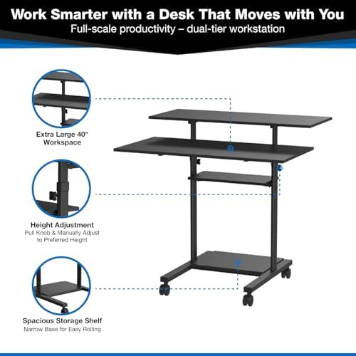 Mount-It! Mobile Desk Workstation 40 Inch Wide Large Rolling Computer Desk is Height Adjustable to 64 Inches, Sit Stand Computer Cart with Multi Level Shelves on Wheels in Black - Image 5