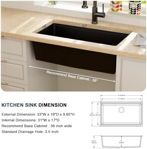 Lordear 33 Inch Black Undermount Kitchen Granite Composite Workstation 33x19 Matte Black Undermount Quartz Sinks Under Counter Single Bowl Sink with Matte Black Accessories - Image 5