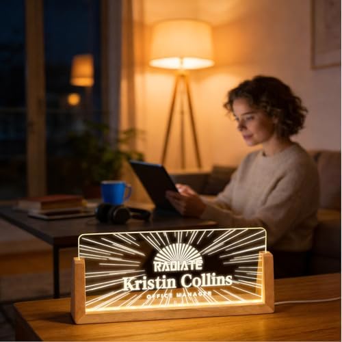 Personalized Light Up Acrylic Desk Name Plate - Custom Name Plate for Desk with Walnut Wood Base - Appreciation Office Gifts for Employees, Teacher, Social Worker (Sunrise) - Image 4