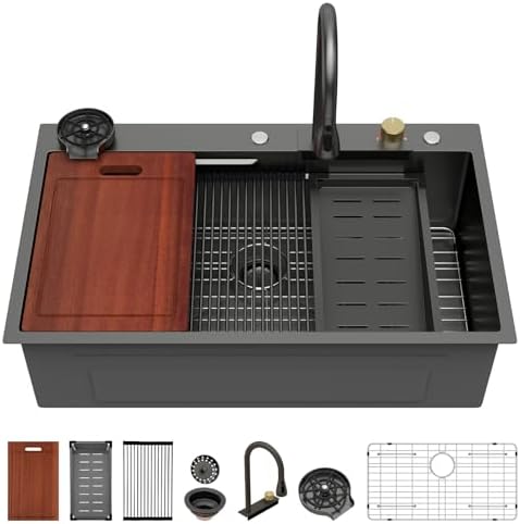 Sarlai 36 Inch Waterfall Kitchen Sink Workstation - 36x22 Black Waterfall Drop In Sink Stainless Steel 16 Gauge Sink Multifunction Single Bowl Smart Top Mount Kitchen Sinks with Faucet Combo - Image 3