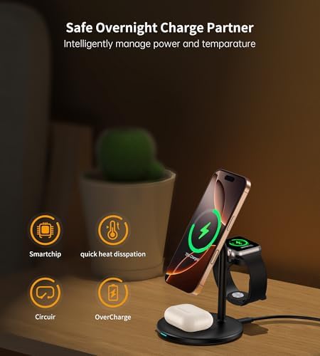 XooFly 3 in 1 Wireless Charging Station for Apple Devices, 15W Fast Wireless Mag-Safe Charger Stand with 20W Adapter for iPhone 17 16 15 14 13 12 Pro Max/Air/Plus/Pro, iWatch, AirPods (Black) - Image 2