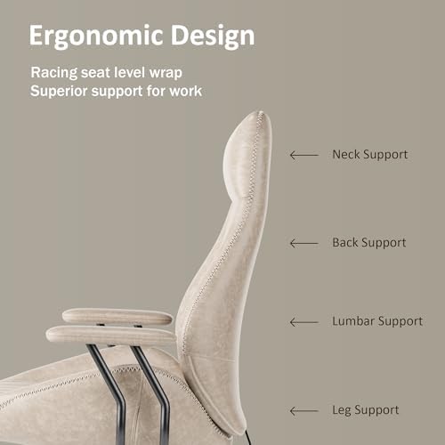 High Back Home Office Chair, Mid Century Vintage Executive Chair,Comfy Ergonomic Rolling Office Task Chair with Lumbar Support, Faux Leather Office Chair,Beige - Image 3