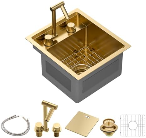 Sarlai Outdoor Sink, 15x17 Inch Gold Undermount Kitchen Sink Workstation with Foldable Faucet Bar Prep Single Bowl Gold Kitchen Sinks16 Gauge Stainless Steel BBQ Sinks with Cover 15"x17"x9“ by Sarlai