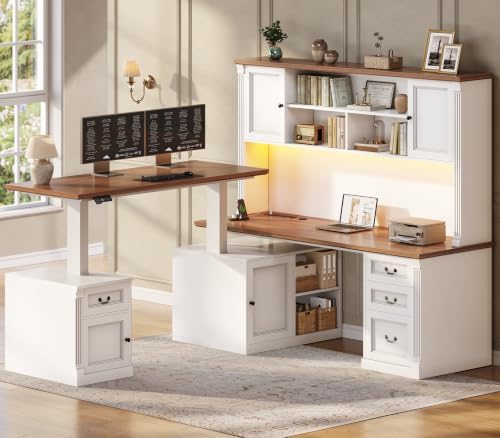 SEDETA Farmhouse L Shaped Electric Standing Desk with Hutch, 4 Drawers and Storage Cabinet, 106" Height Adjustable Office Executive Desk with Power Outlet, Led Lights for Two Person, White Brown by SEDETA