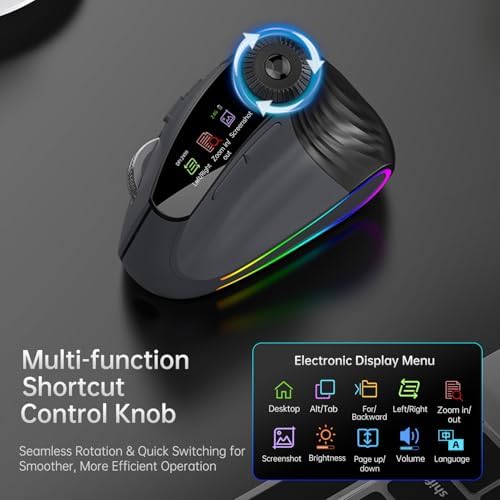 Ergonomic Vertical Mouse Wireless, Rechargeable Bluetooth Ultra-Fast Scrolling 4800 DPI Ergo Mouse, 2.4G Quiet Clicks 6 Buttons RGB Optical Mice, 3 Multi-Device Connectivity for Mac, Laptop - Image 6