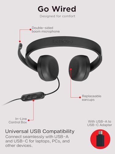 Lenovo 115 USB-A/USB-C Wired Stereo Headset – Lightweight, Noise-Cancelling, in-Line Control Box, USB-A to USB-C Adapter, Over-Ear Design, Headset with Mic for PC and Laptop, Black - Image 5