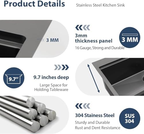 Lordear 33 Inch Black Drop in Kitchen Sink SUS304 16 Gauge Stainless Steel - Image 5