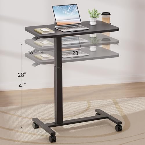 GTPLAYER Small Standing Desk with Lockable Wheels, Pneumatic Mobile Rolling Laptop Desk,Adjustable Height Overbed Bedside Table Computer Workstation for Home Office (28" W x 16" D, Black) - Image 3