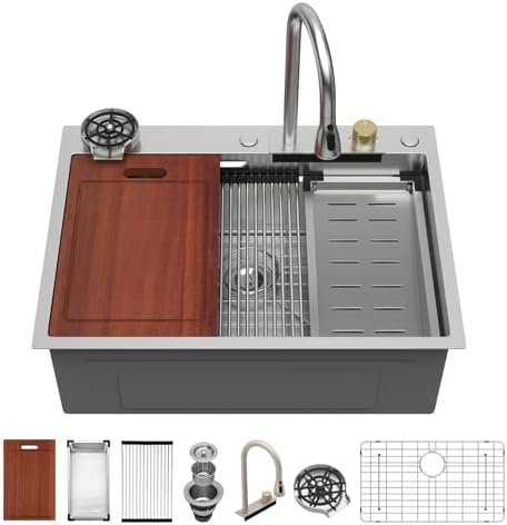 Sarlai 28 Inch Waterfall Kitchen Sink Drop In - 28x22 Waterfall Drop Workstation Stainless Steel 16 Gauge Multifunction Single Bowl Smart Top Mount Kitchen Sink with Faucet Combo - Image 3