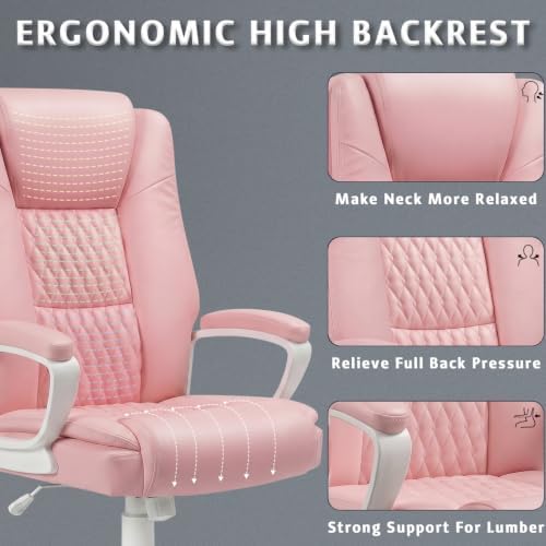 LEMBERI High Back PU Leather Executive Office Chair, Adjustable Swivel Computer Desk Chair with Padded Armrests for Home Office, Pink - Image 4