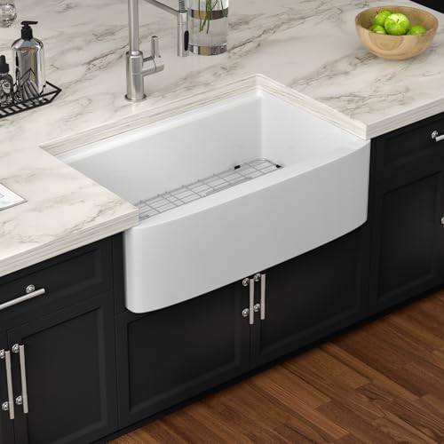 33 Inch White Farmhouse Sink Workstation - Couoko White Curved Apron Front Fireclay Farm Sink Large Deep Ceramic Single Bowl Farmhouse Kitchen Sinks with Luxury Accessories, 33" x 21" x10" - Image 2