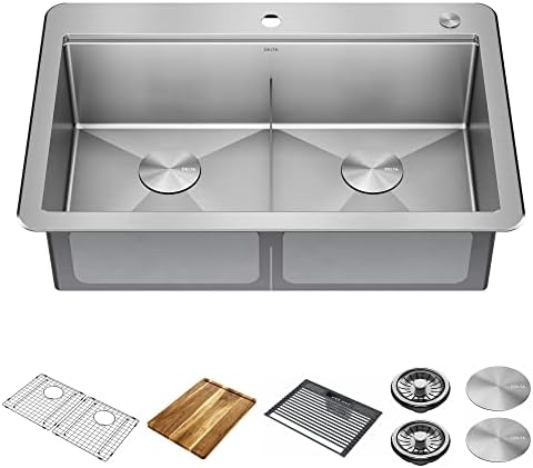 DELTA FAUCET 95A9032-T33D-SS Lorelai Workstation Kitchen Sink Drop-In Top Mount 16 Gauge Stainless Steel Double Bowl with WorkFlow Ledge and Chef’s Kit of 8 Accessories, 33 Inch by Unknown