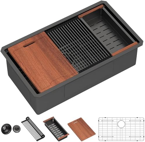 Lordear 32x19 Matte Black Undermount Kitchen Sink - T304 16 Gauge 32 Inch Undermount Kitchen SInk Black Workstation Stainless Steel Single Bowl Handmade 32x19x10 Inch by LORDEAR