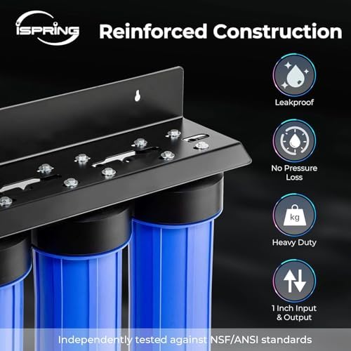 iSpring WGB32B-MKS+AHPF12MNPT16X2 3-Stage Whole House Water Filter System w/ 3/4'' Push-Fit Stainless Steel Hose Connectors, Reduces Iron, Hydrogen Sulfide, Lead, Chlorine, Chloramine, Manganese - Image 2