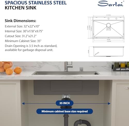 32 Kitchen Sink Drop In - Sarlai 32 x 22 Inch Stainless Steel Sink Topmount Ledge Workstation 16 Gauge Deep Single Bowl Overmount Kitchen Sinks Basin - Image 5