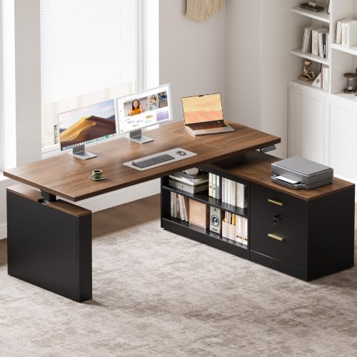 OffiGo Executive 63 Inch L Shaped Electric Standing Desk, Walnut+Black by OfficeGo-ForHomeOfficeWork