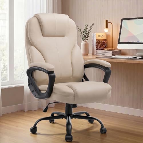 Ergonomic Office Chair with High Back, Comfy Desk Chair, Adjustable Executive Office Chair for Home Office, Big and Tall Computer Chair Heavy Duty, 360° Swivel, Faux Leather White by Meilocar