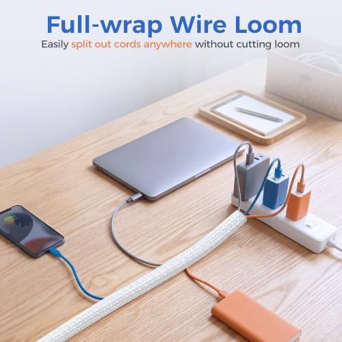 Delamu 30ft - 1/2 inch Cable Sleeve Cord Protector from Pets No Chew, Split-Braided PVC Wire Loom Tubing for Desk Computer USB TV Cord Organizer, Easy Set-up Cable Management Sleeve Kit, White - Image 3
