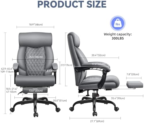 Office Chair, Big and Tall Office Desk Chair, Reclining Office Chair with Footrest Home Office Desk Chairs, High Back Ergonomic with Lumbar Support, Executive Leather - Image 2