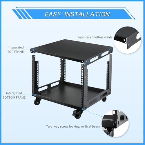 6U Open Frame Server Rack with Wheels Free Standing Network Server Rack for Servers & AV Gear Black - Image 2