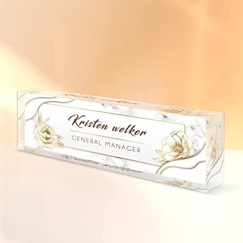Desk Name Plate Personalized, Custom Name Plates for Desks, Personalized Acrylic Name Plate for Desk, Office Gifts for Cowrkers, Boss, Teacher/Employee Appreciation Gifts (White Marble/Gold Rose) - Image 2