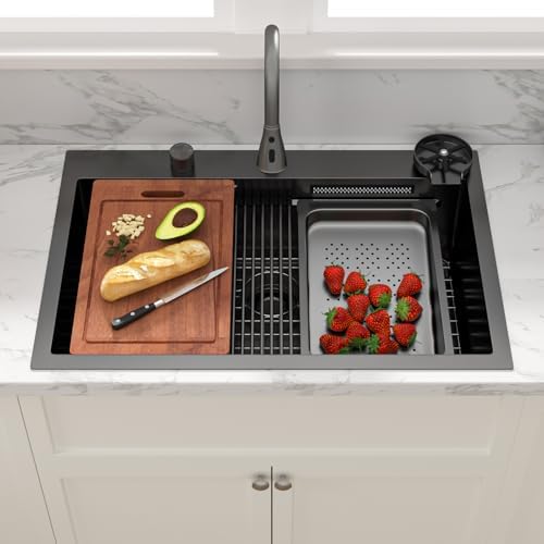 Sarlai 33 Inch Black Waterfall Kitchen Sink Drop In - 33x22 Inch Drop In Waterfall Sink Ledge Workstation Black Stainless Steel 16 Guage Single Bowl Kitchen Basin with Faucet - Image 3