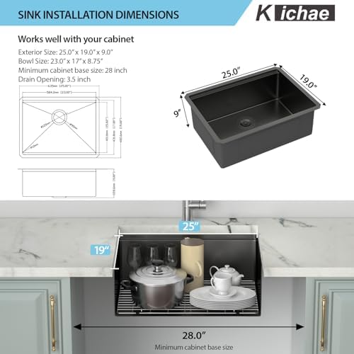 Kichae 25 Black Undermount Kitchen Sink Stainless 16 Gauge Workstation - Image 6