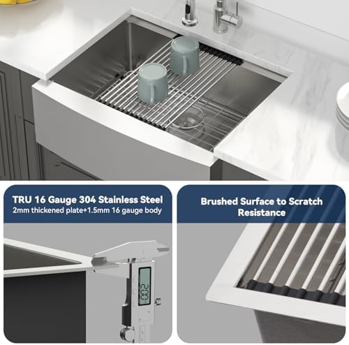 Lordear Farmhouse Sink 27 Inch Stainless Steel Farmhouse Kitchen Snk Apron Front Ledge Workstation 16 Gauge Stainless Steel Deep Single Bowl Kitchen Sinks - Image 6
