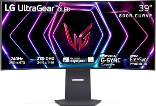 LG 39GS95QE Ultragear OLED Curved Gaming Monitor 39-Inch WQHD 800R 240Hz 0.03ms DisplayHDR True Black 400 AMD FreeSync Premium Pro NVIDIA G-Sync HDMI 2.1 DisplayPort Tilt/Height/Swivel Stand - Black by Unknown