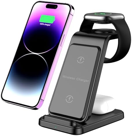 3 in 1 Wireless Charging Station, Fast Wireless Charger for iPhone 17 16 15 14 13 12 Pro Max Plus Air, Charger Stand for iWatch 11 10 9 8 7 6 5 4 3 2 Ultra SE, for Airpods 4 3 2 Pro Black by LONET