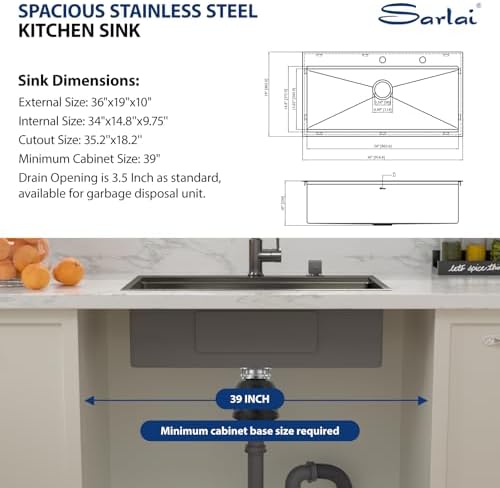 Sarlai 36 Inch Black Drop In Kitchen Sink Workstation 36x19 Drop In Kitchen Sink Black Stainless Steel Topmount Workstation Sink 16 Gauge Deep Single Bowl Top-mount Kitchen Sink - Image 5