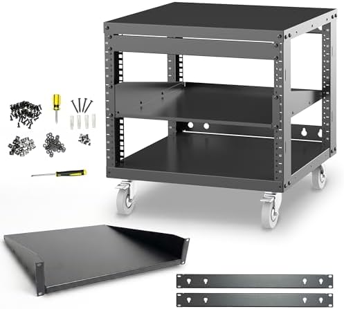 AxcessAbles 8U Open Frame Network & AV Rack with Caster Wheels, One 1U Shelf, 10-32 & Cage Nut Compatible Rails, Cage Nuts, Screws, Cage Nut Tool & Wall Mount Kit | 19-Inch Rack by AxcessAbles