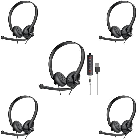 FEABASK USB Headphones with Microphone, Lightweight Wired PC Headset, Inline Mute for Home Office Online Class Zoom Skype(5pcs) by FEABASK