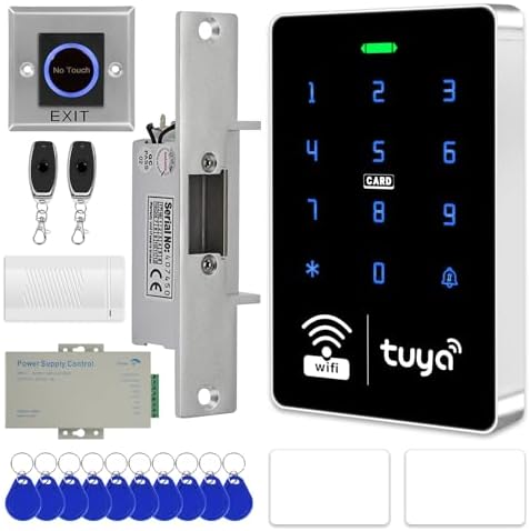 WiFi TUYA Security Access Control System kit with Waterproof RFID keypad Door Lock, smart Remote Door Opener, app, NC Cathode Lock, Electric Lock, Metal Sensor Switch, doorbell, and Keychain by XYBkey
