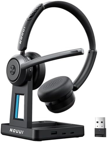 Wireless Headset with Mic for Work, Wireless Headphones with Mic(Noise Cancelling & Mute Button),65H Battery with Charge Base Bluetooth Headset with Microphone for PC/Call Center/Computer/Teams/Zooms by NOUUI