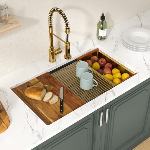 Lordear 32 Inch White Kitchen Sink Granite Composite Undermount Kitchen Sink Workstation 32x19 White Quartz Sinks Under Counter Single Bowl with Classic Gold Accessories - Image 2
