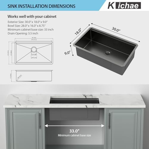 Kichae 30 Black Undermount Kitchen Sink Stainless 16 Gauge Workstation - Image 6