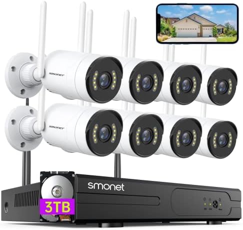 5MP Wireless Home Security Camera System, 8CH NVR with 3TB Hard Drive, SMONET CCTV Kit with 8 Indoor/Outdoor IP Cameras, Night Vision, IP66 Waterproof, Mobile App Access by SMONET