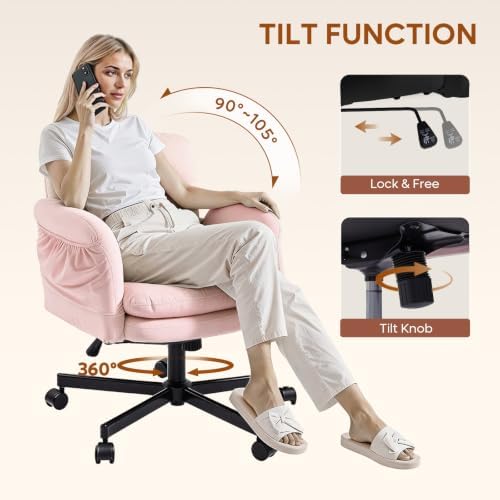 Bestier Velvet Vanity Chair with Flip-Up Arms, Swivel Makeup Chair Pink - Image 5