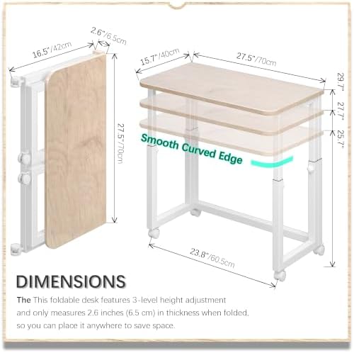 4NM No Tool Assembly 27.5" Small Desk, Folding Portable Desk with Wheels, Foldable Computer Home Office Desks, Collapsible Study Writing Table for Space Saving Bedroom - Cloud Oak - Image 2