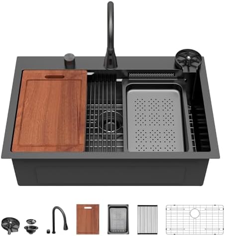 Sarlai 33 Inch Black Waterfall Kitchen Sink Drop In - 33x22 Inch Drop In Waterfall Sink Ledge Workstation Black Stainless Steel 16 Guage Single Bowl Kitchen Basin with Faucet by Sarlai