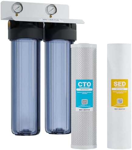 2-Stage Whole House Water Filtration System 20” x 4.5” Clear Housings with Sediment & Carbon Block Filters w/Valve, Pressure monetering gauges, removes Sediment, Chlorine, pesticides, herbicides - Image 2