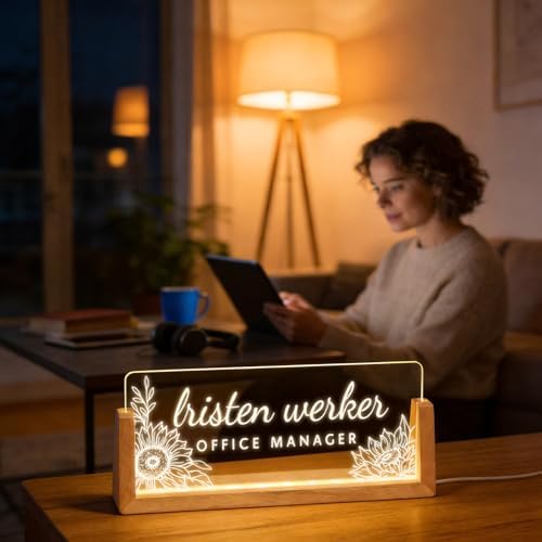 Personalized Light Up Acrylic Desk Name Plate - Custom Name Plate for Desk with Walnut Wood Base - Appreciation Office Gifts for Employees, Teacher, Social Worker (Sunflower-3) - Image 3
