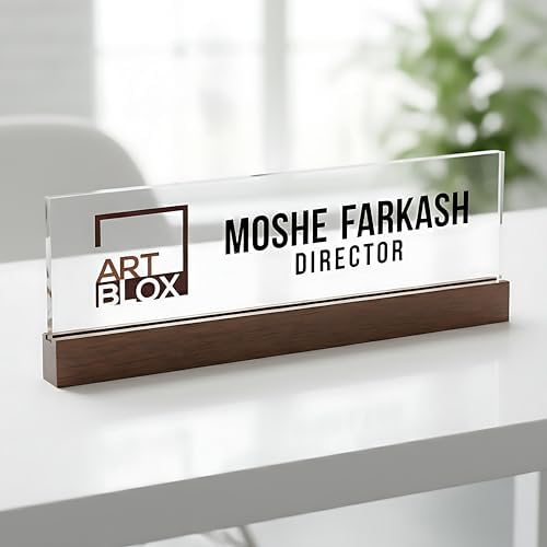 Artblox Personalized Office Desk Name Plate and Business Card Holder | Clear Acrylic Glass with Teak Wood Stand | Business Logo Customized with Your Name and Credentials Office Desk Décor - Image 4