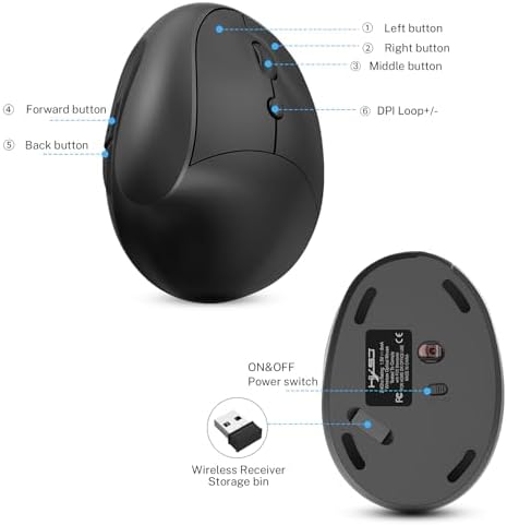 Ergonomic Mouse,Rechargeable Small Vertical Mouse with 6 Buttons Adjustable 800/1200/1600 DPI Purple Wireless Mouse for Laptop, Desktop, PC, MacBook (Black) - Image 7